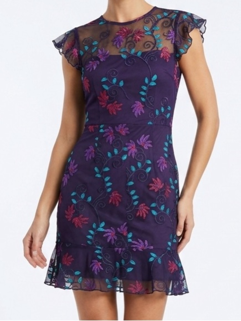 Women's NWOT Donna Morgan Flutter Purple Mesh Dress Floral Embroidery Size 4